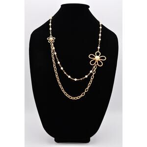 Vintage Flower Necklace Clear Open Bezel Crystal Pearl Beaded Chain Signed Bin2C